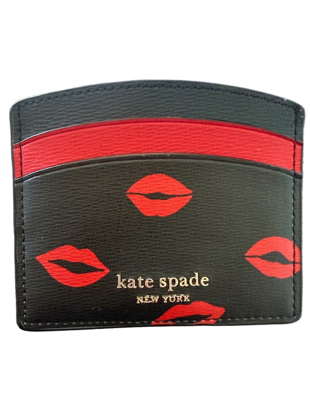 Kate Spade Spencer’s Kisses Black Card Case with Red Lip Lipstick Motif Like New